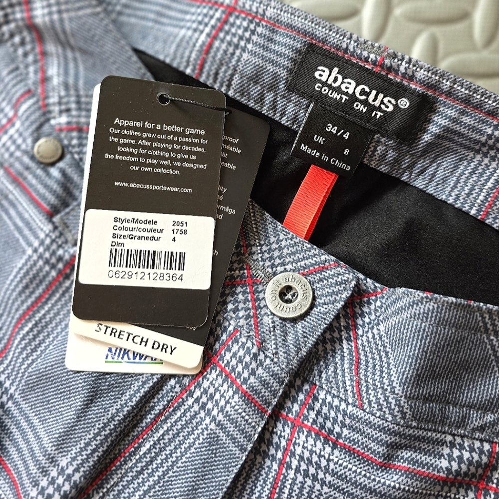 NWT Abacus Gray Plaid Stretch Dry Trousers Windproof Water Resistance Sz. 4